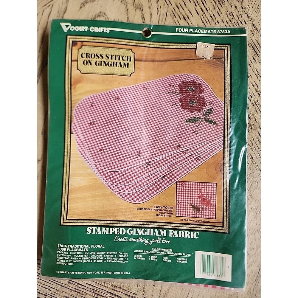 Vogart Crafts Cross Stitch Kit Placemats Red Gingham Plaid Stamped Vintage New